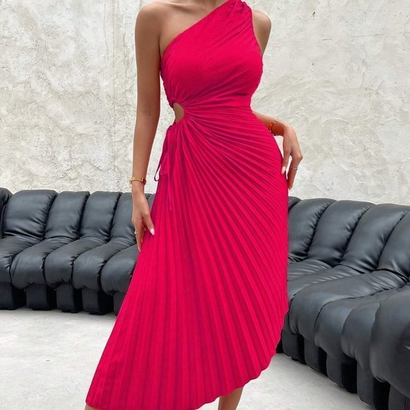 . Dresses & Skirts - Pink Boho Womens One Shoulder Cut Out Waist Pleated Asymmetrical Hem Dress